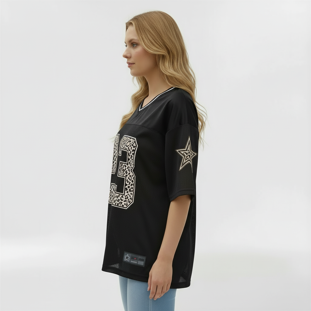Oversized sportst-shirt til kvinder med trykt nummer, kortærmet casual jersey-stil