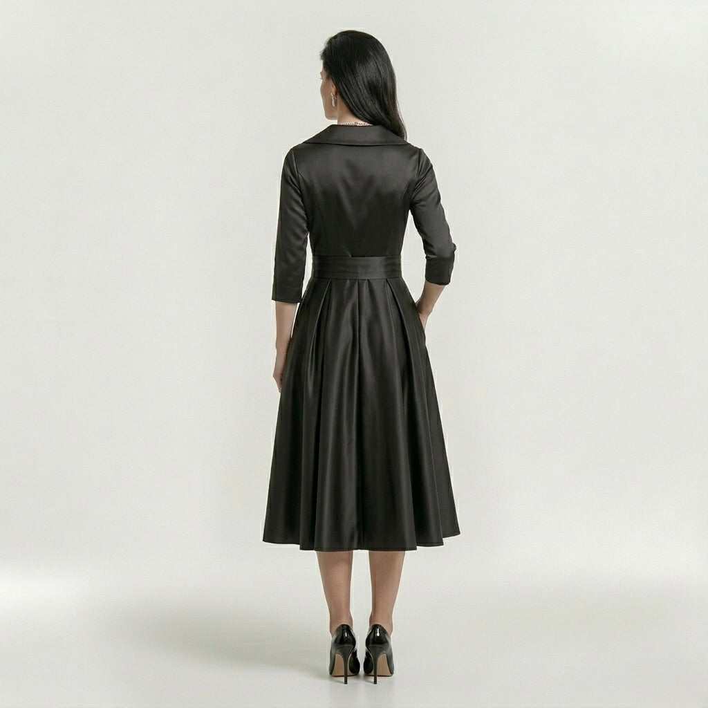 Robe midi élégante pour femme à manches longues – Robe classique évasée avec ceinture