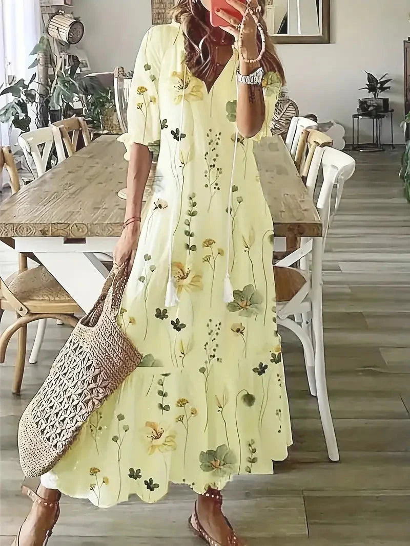 Women's Boho Charm Dress – Elegant Summer Dress with Ruffles, V-Neck, and Ikat Pattern