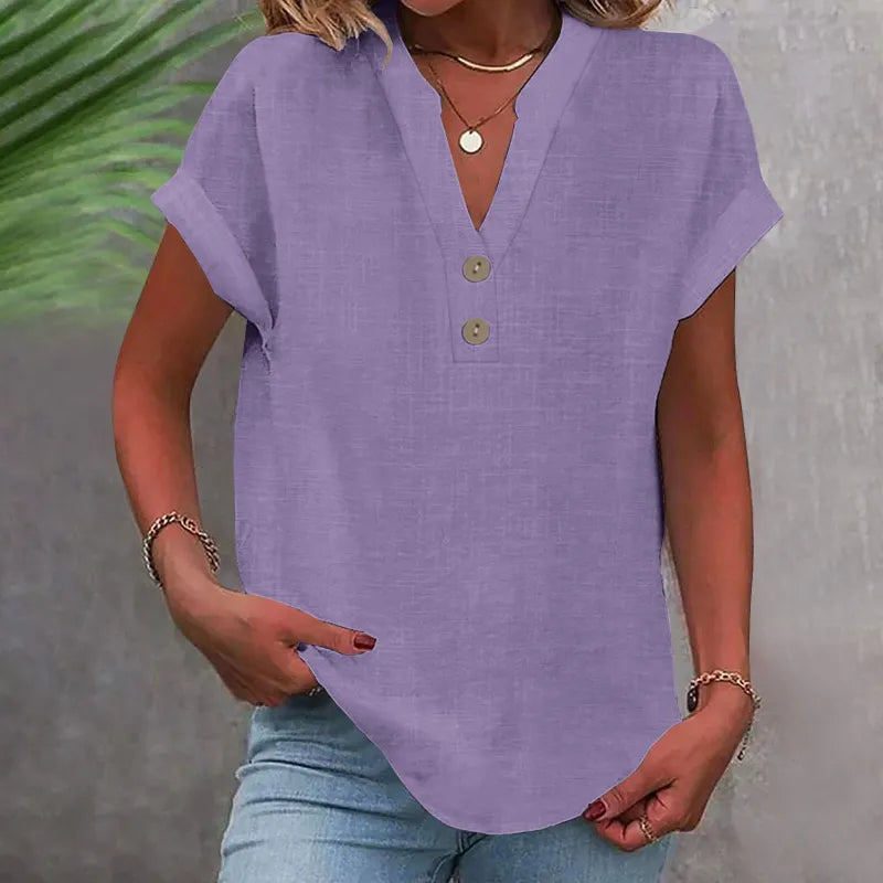 Loose Summer Blouse with V-Neck and Buttons – Short Sleeve and Timeless