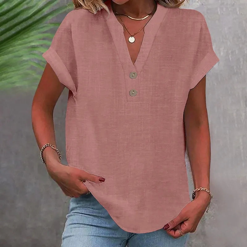 Loose Summer Blouse with V-Neck and Buttons – Short Sleeve and Timeless