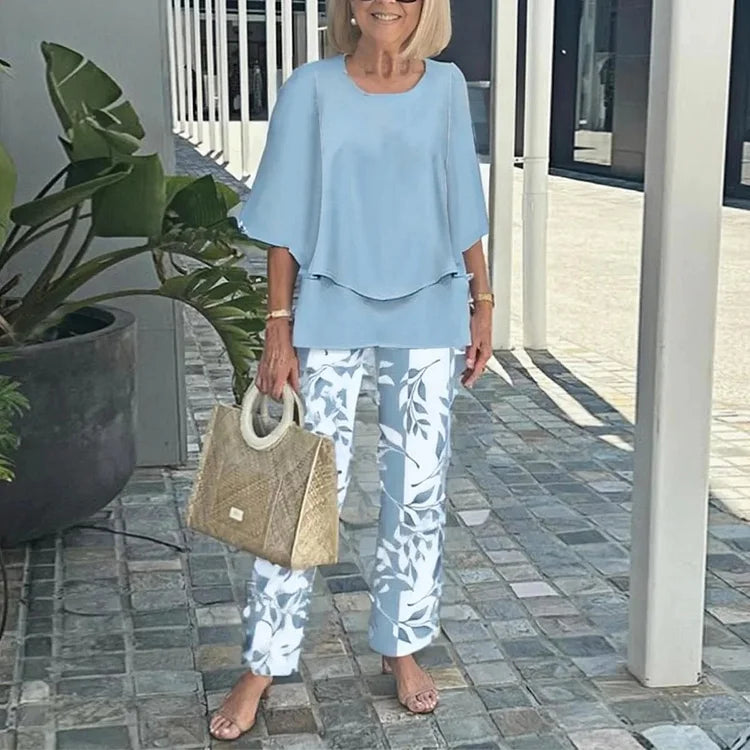 Printed 2-Piece Set with Loose Blouse and Pants for Women