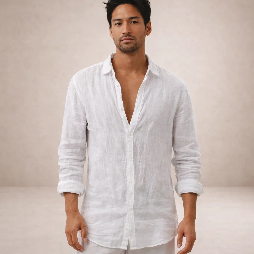 Men's Long Sleeve Linen Shirt | Casual Regular Fit Shirt with Open Collar | Lightweight and Breathable Summer Fabric