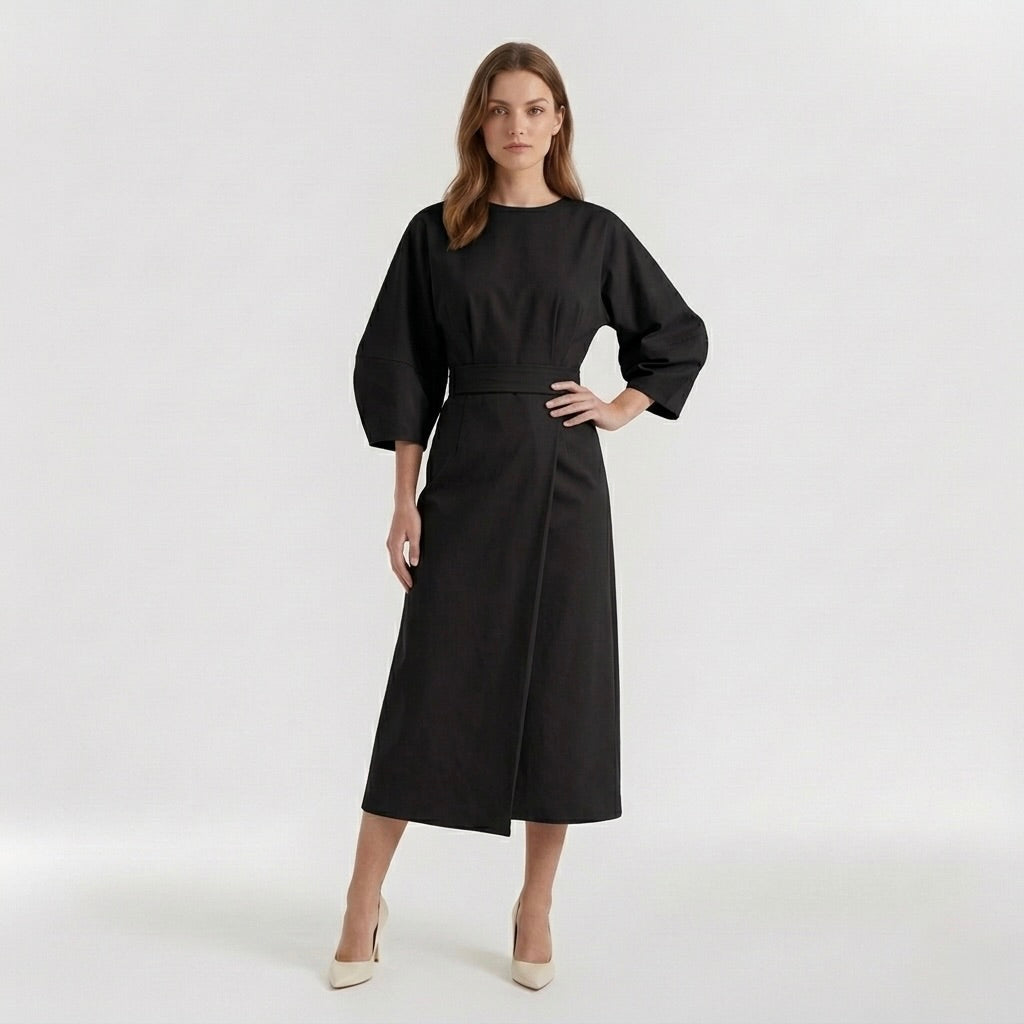 Elegant midi-kjole til kvinder med lange ærmer – Casual chic kjole med bælte