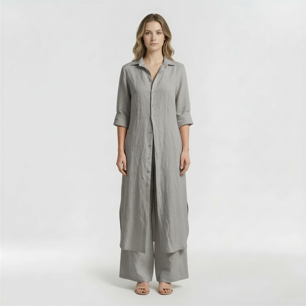 Women's 2-piece set with long shirt and cotton pants, casual elegant set