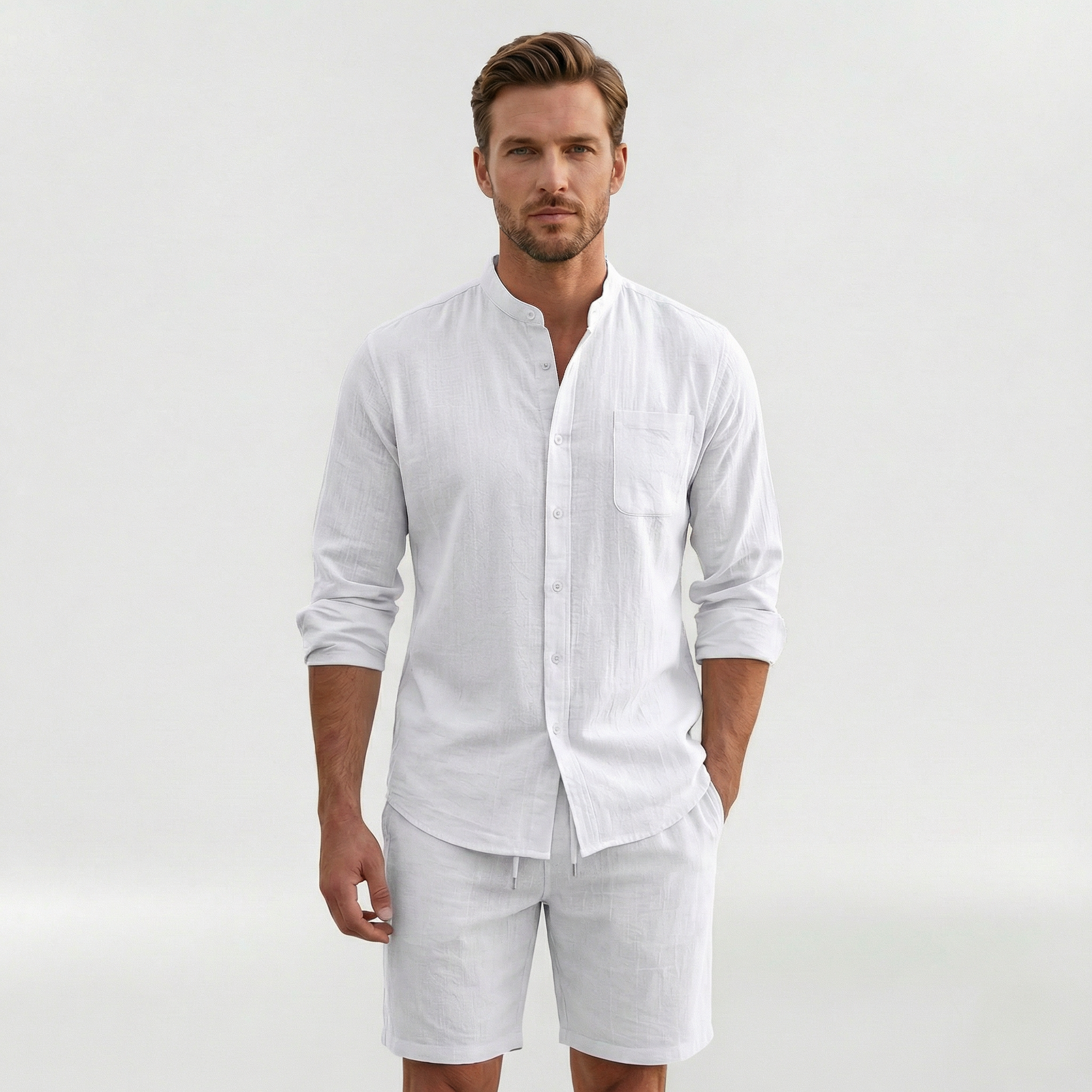 Compleu bărbați cămașă și pantaloni scurți croială lejeră pentru un stil casual de vară