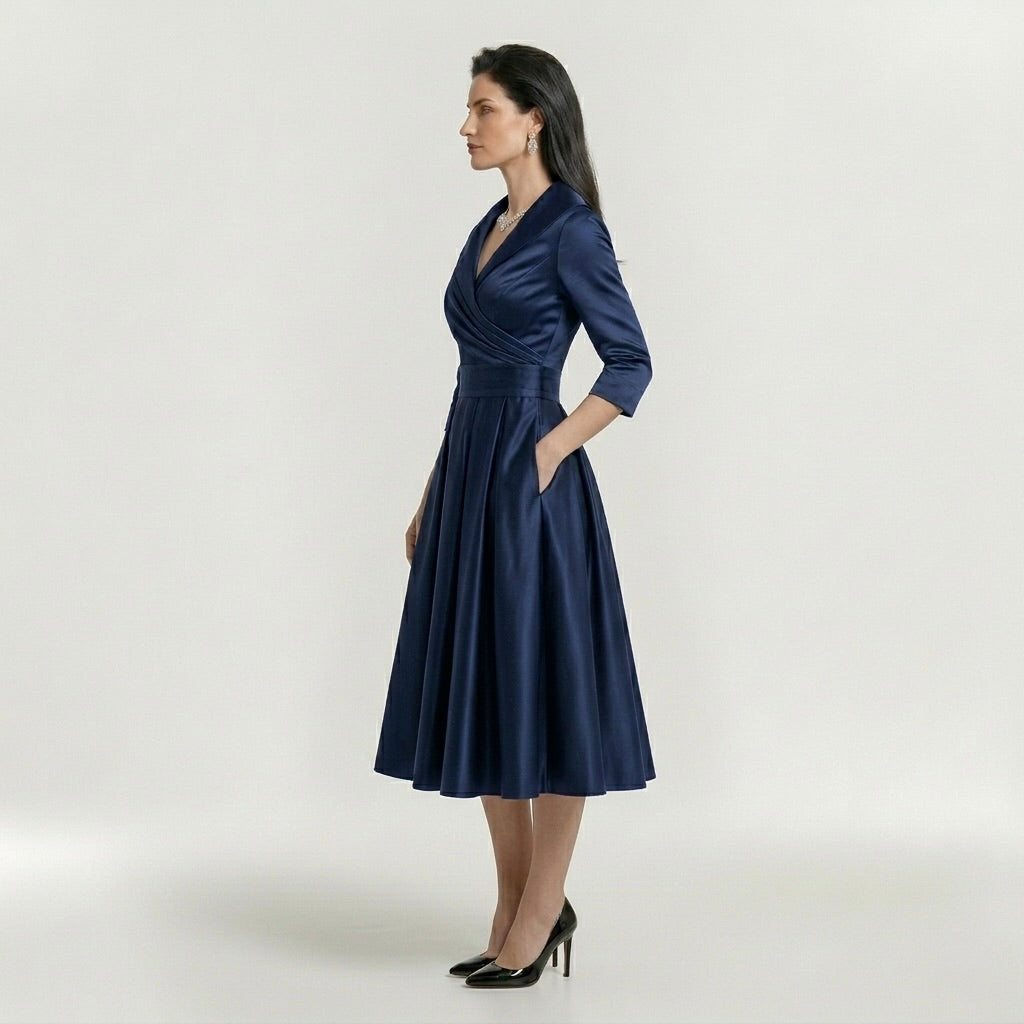 Robe midi élégante pour femme à manches longues – Robe classique évasée avec ceinture