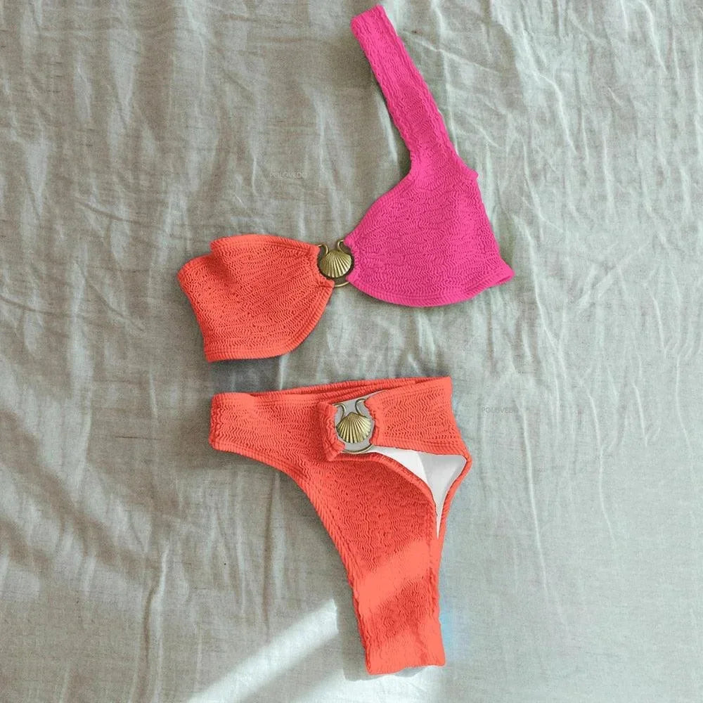 Asymetryczne bikini damskie z teksturowanym wykończeniem i pierścieniem