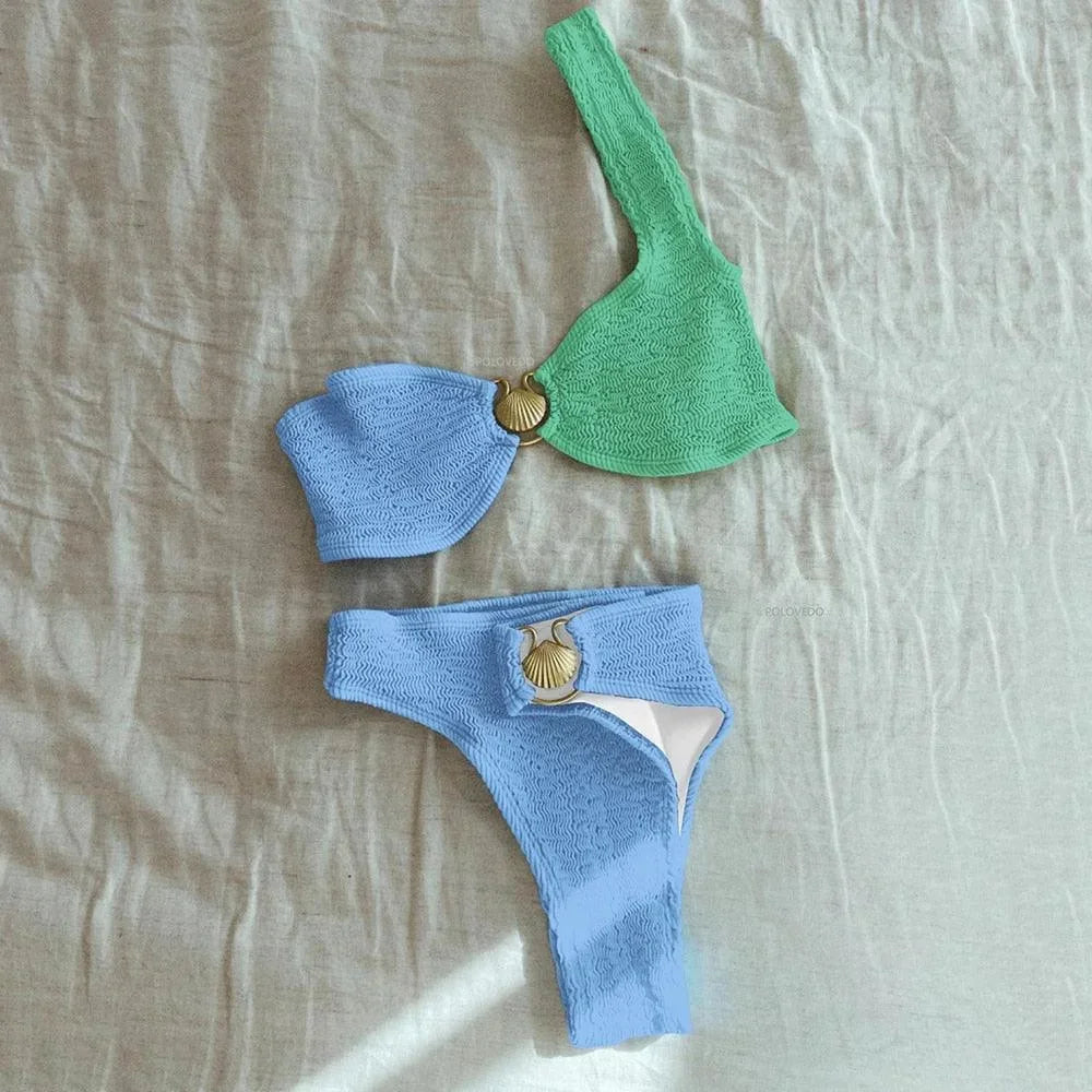 Asymetryczne bikini damskie z teksturowanym wykończeniem i pierścieniem