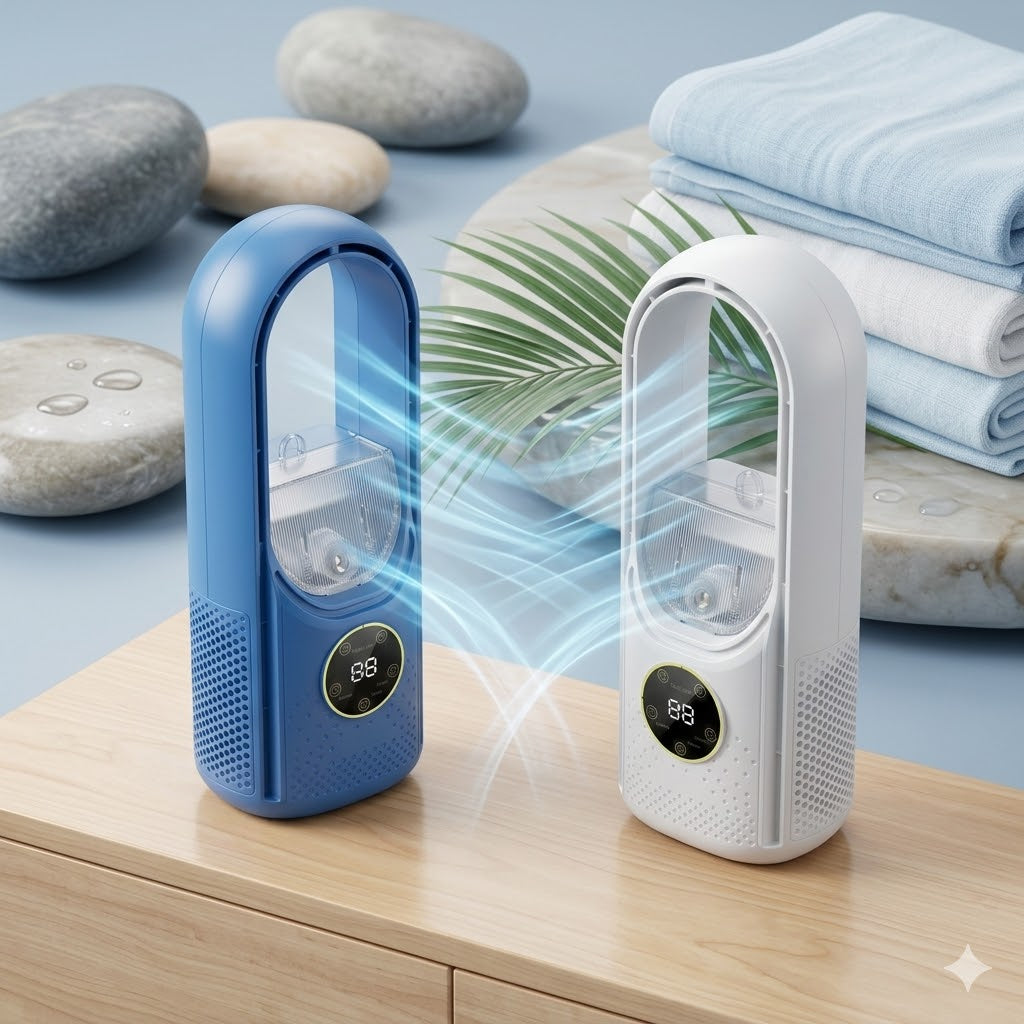 Tichý bezlopatkový věžový ventilátor na stůl