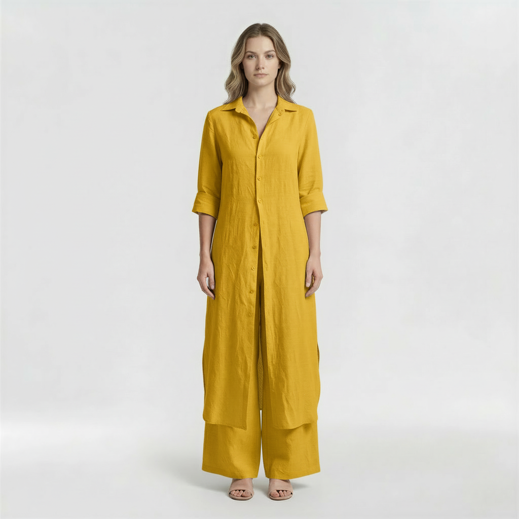 Women's 2-piece set with long shirt and cotton pants, casual elegant set