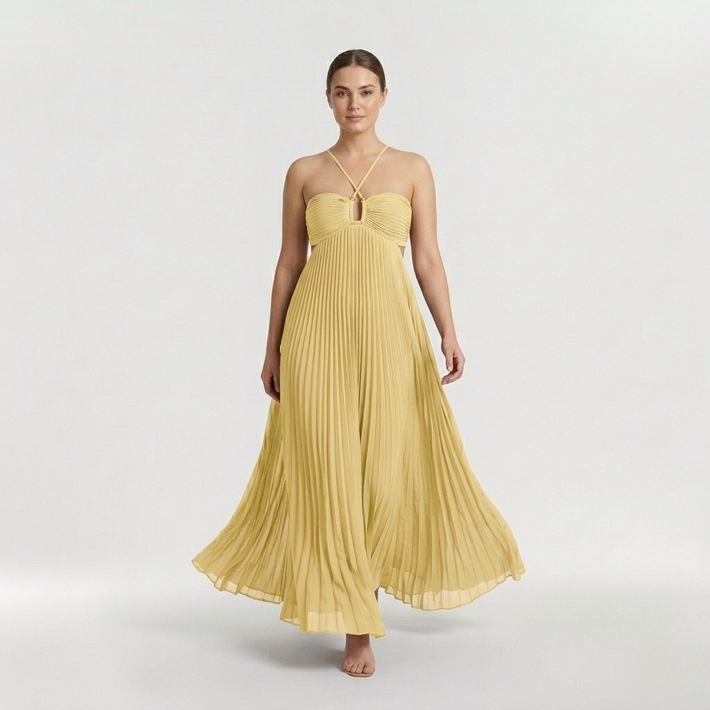 Rochie maxi plisată cu decolteu halter și spate gol pentru femei