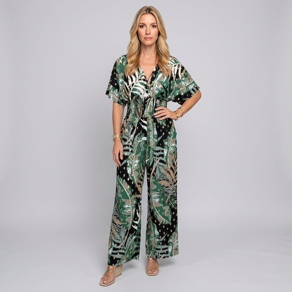 Robe maxi tropicale à col en V et coupe ample