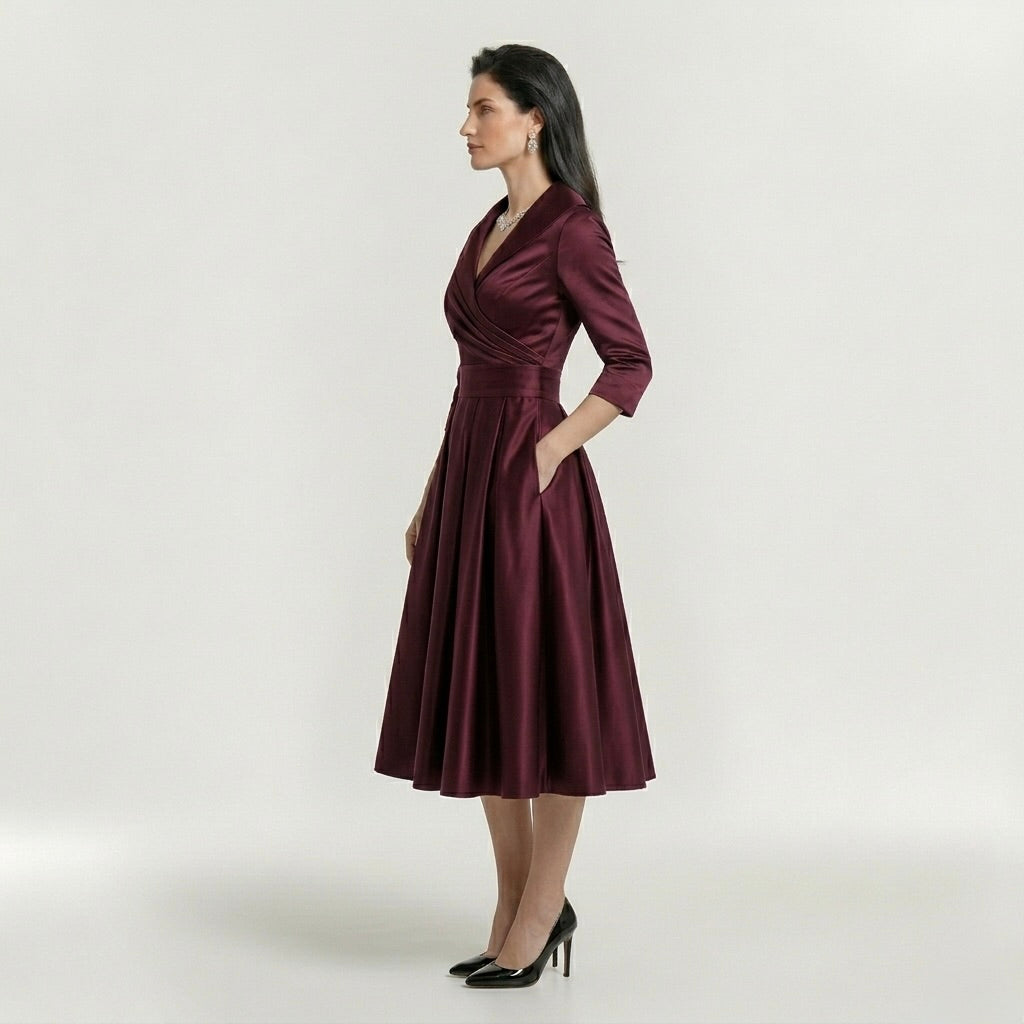 Robe midi élégante pour femme à manches longues – Robe classique évasée avec ceinture