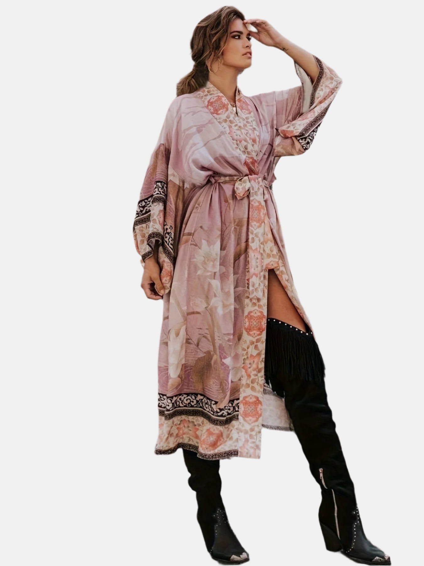 Abito Lungo Boho da Donna con Stampa Etnica e Maniche Lunghe
