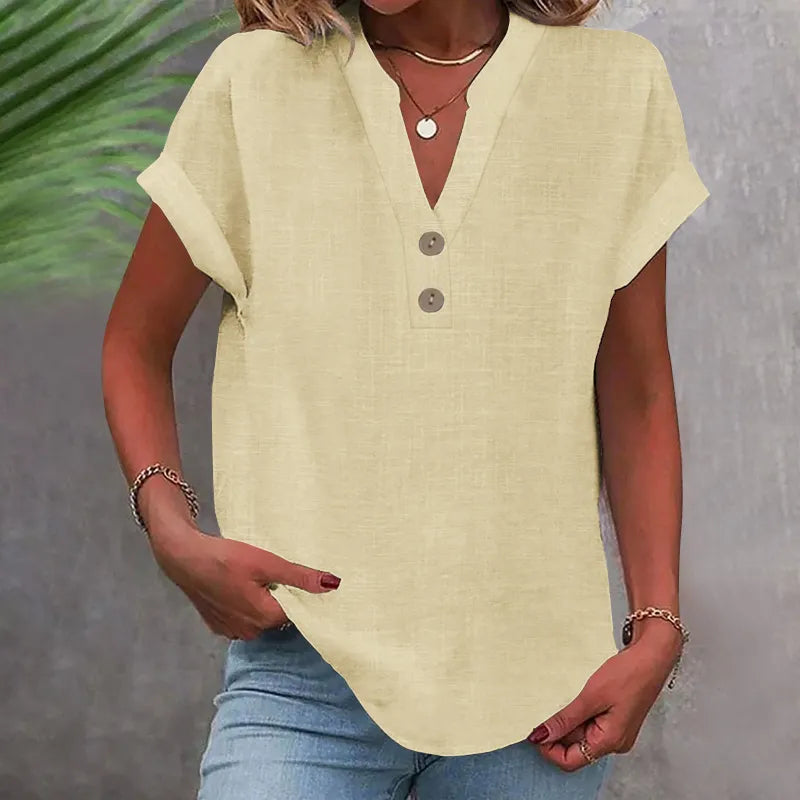 Loose Summer Blouse with V-Neck and Buttons – Short Sleeve and Timeless