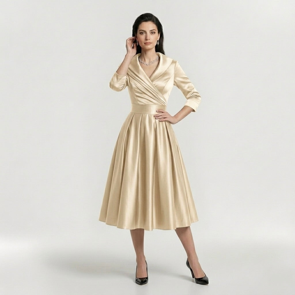 Robe midi élégante pour femme à manches longues – Robe classique évasée avec ceinture
