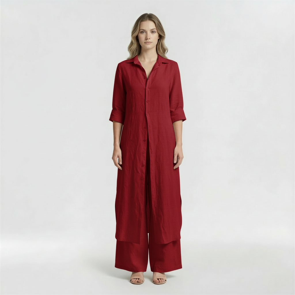Women's 2-piece set with long shirt and cotton pants, casual elegant set