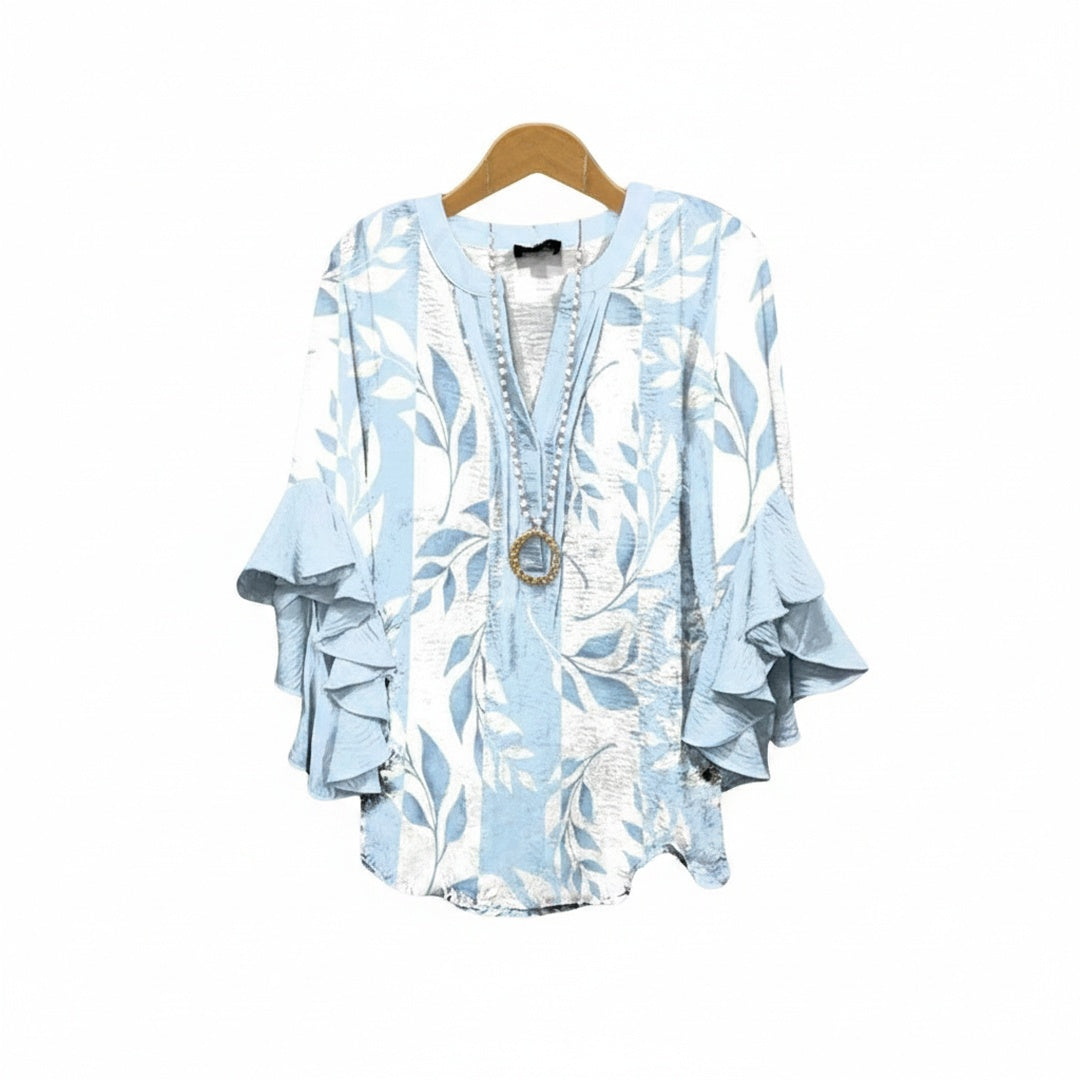 Blouse femme avec col en V, manches à volants et imprimé floral