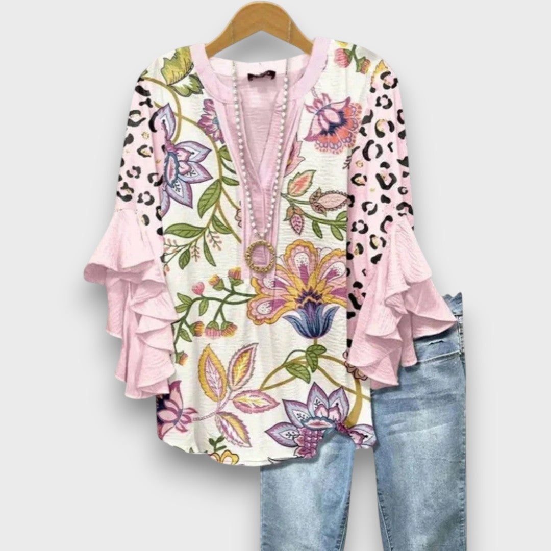 Blouse femme avec col en V, manches à volants et imprimé floral