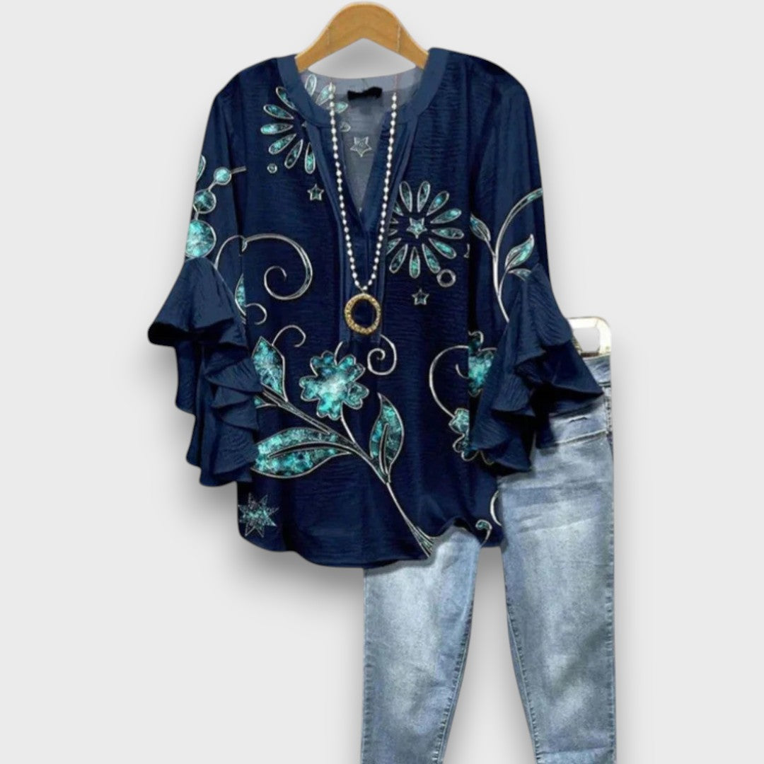 Blouse femme avec col en V, manches à volants et imprimé floral