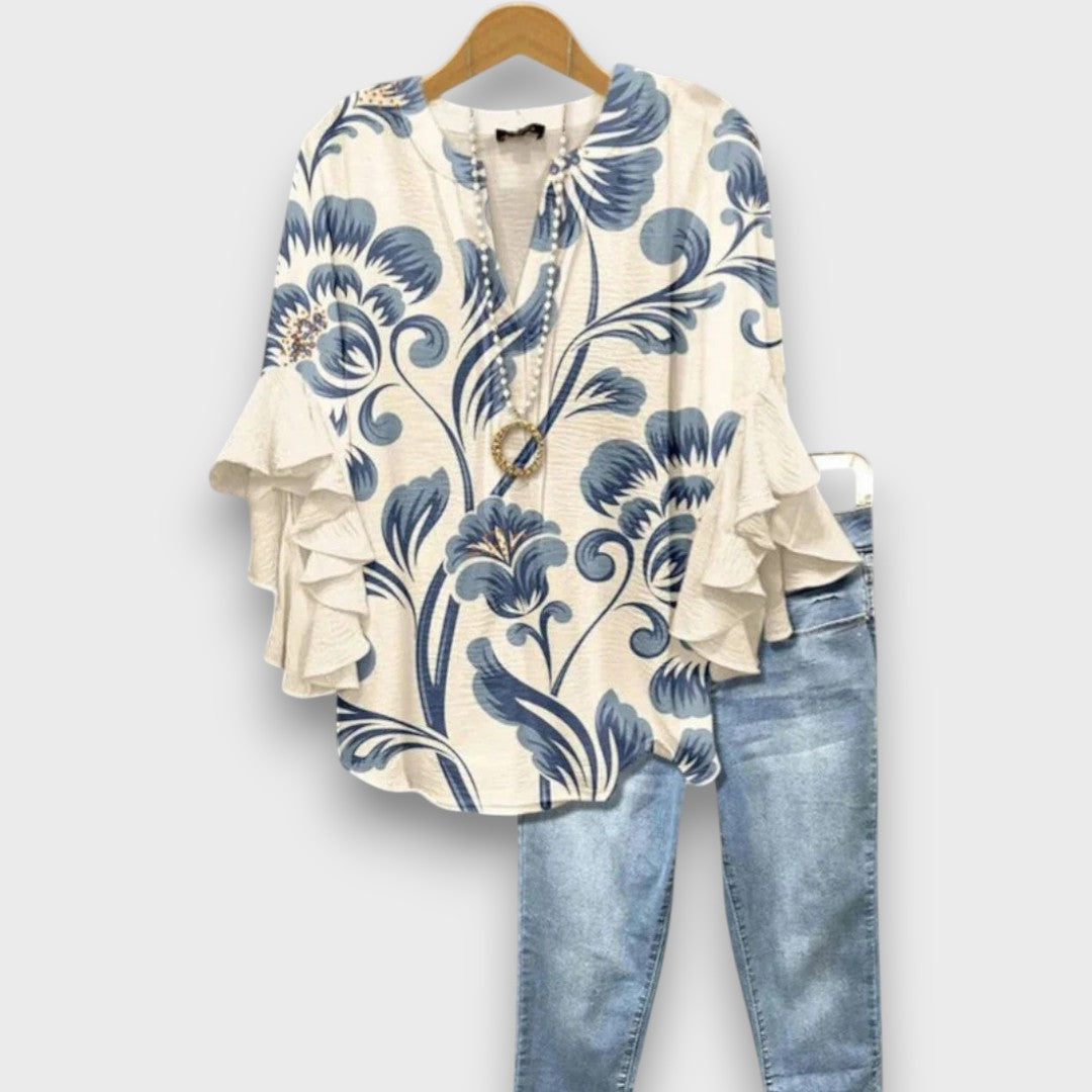 Blouse femme avec col en V, manches à volants et imprimé floral