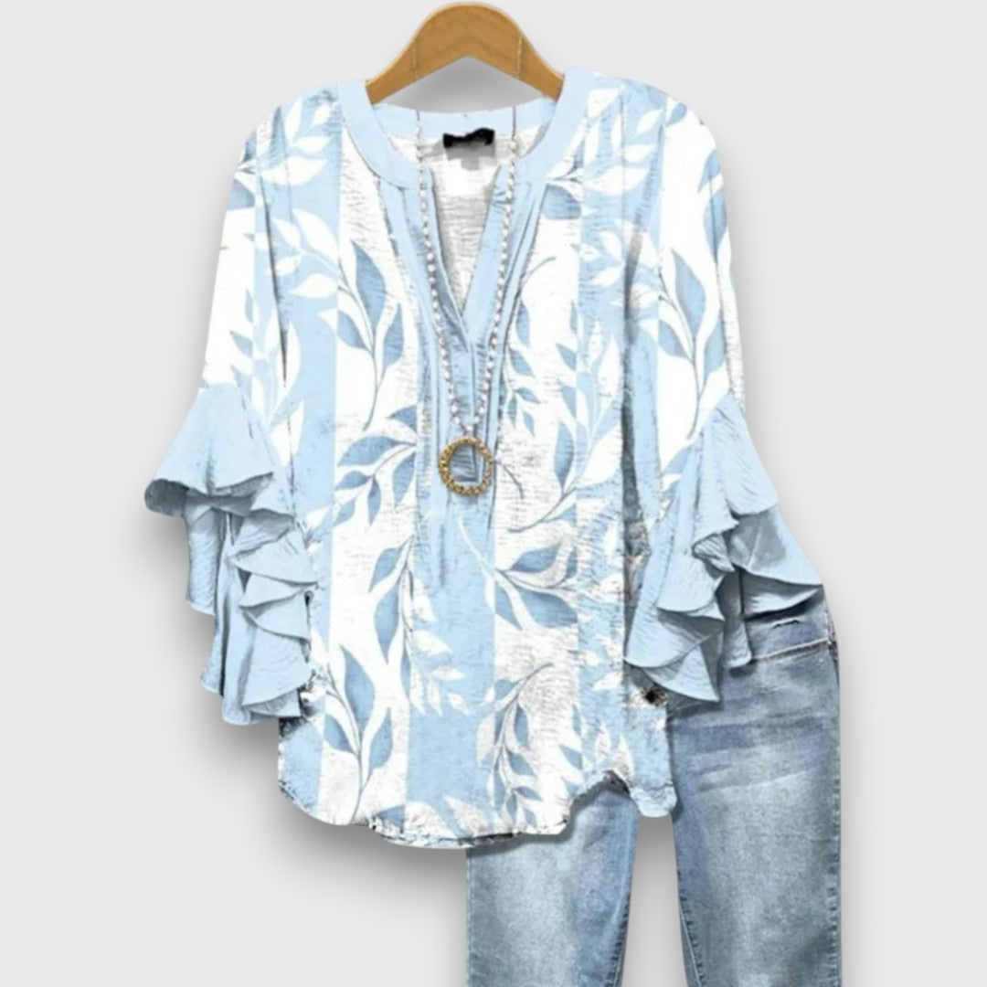 Blouse femme avec col en V, manches à volants et imprimé floral