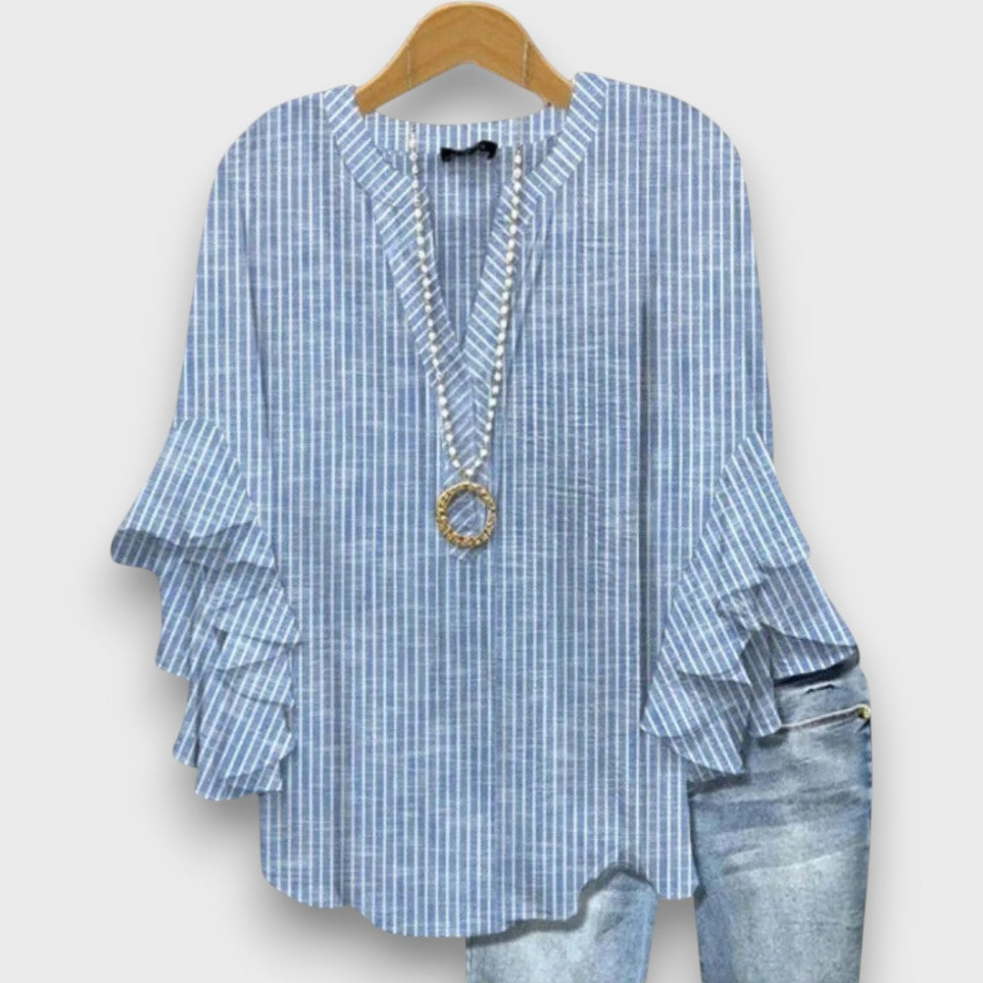 Blouse femme avec col en V, manches à volants et imprimé floral