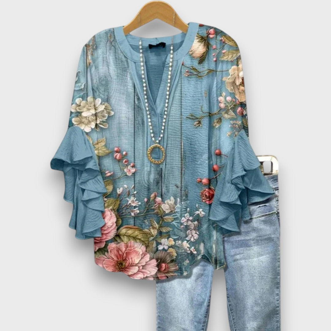 Blouse femme avec col en V, manches à volants et imprimé floral