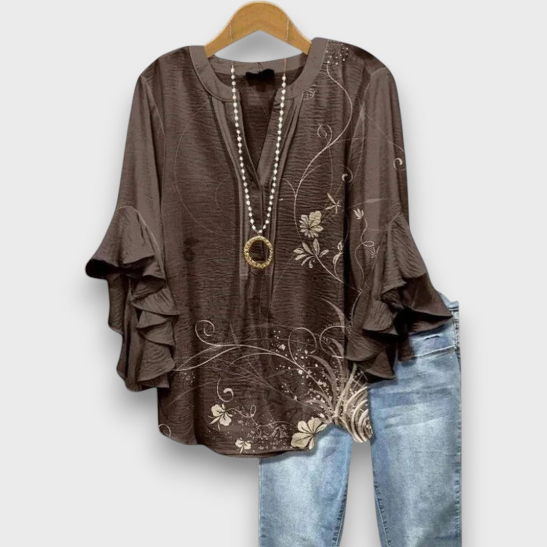 Blouse femme avec col en V, manches à volants et imprimé floral