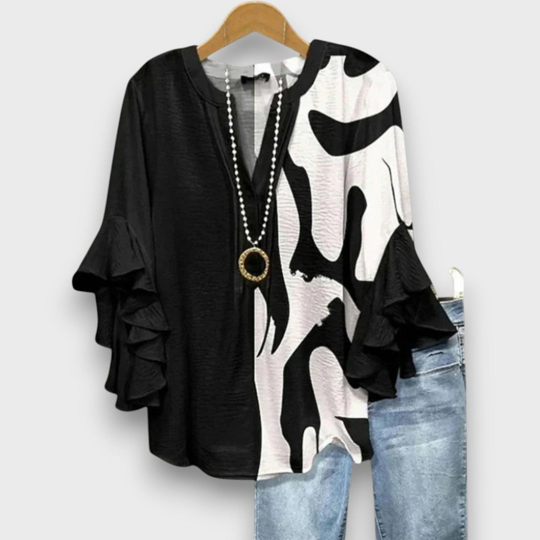 Blouse femme avec col en V, manches à volants et imprimé floral