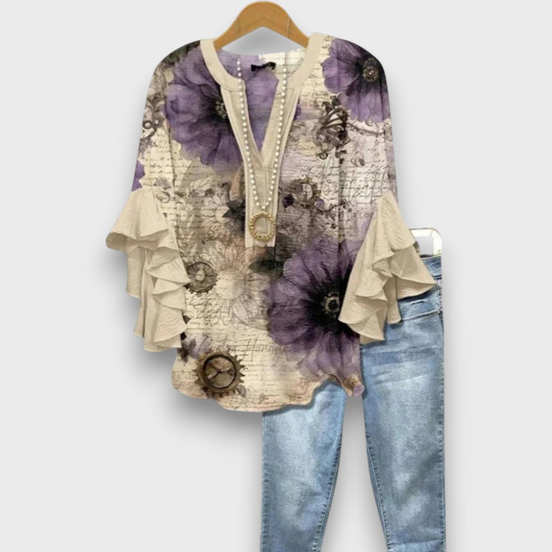 Blouse femme avec col en V, manches à volants et imprimé floral