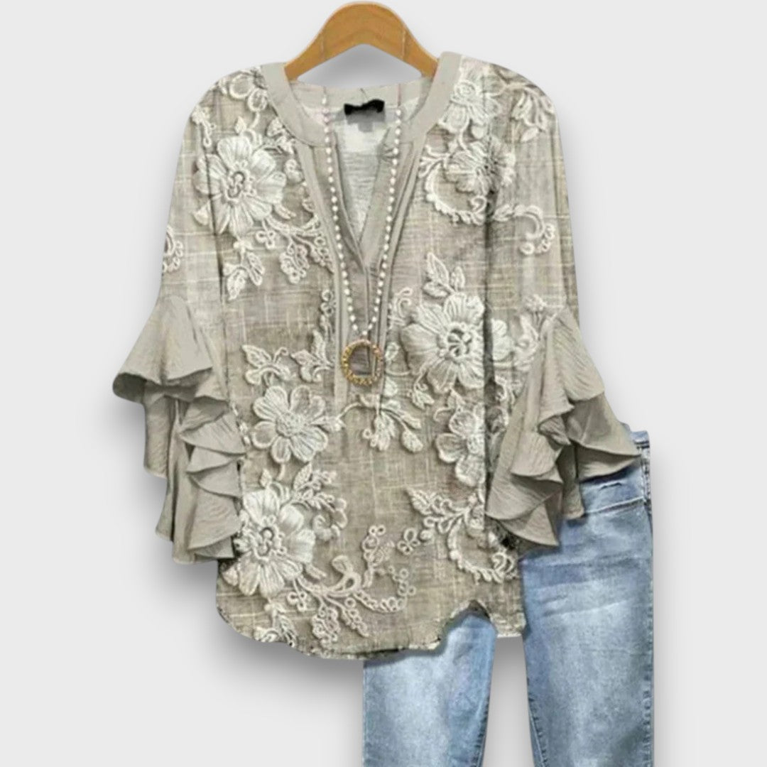 Blouse femme avec col en V, manches à volants et imprimé floral