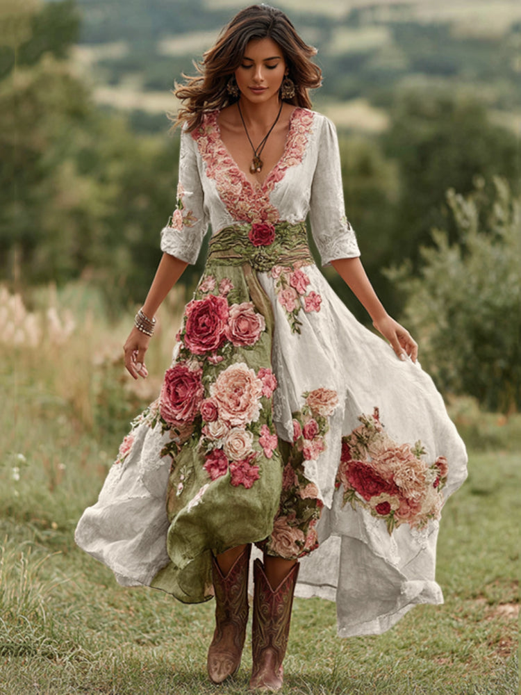 Rochie midi de damă cu decolteu în V, imprimeu floral și tiv asimetric