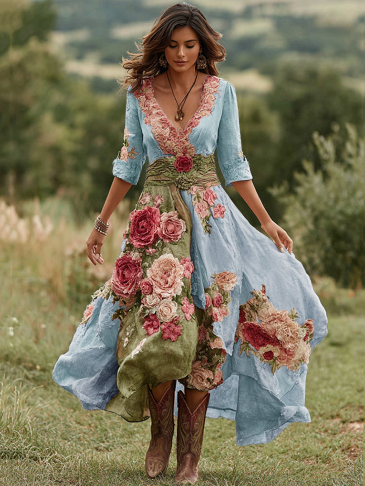 Rochie midi de damă cu decolteu în V, imprimeu floral și tiv asimetric