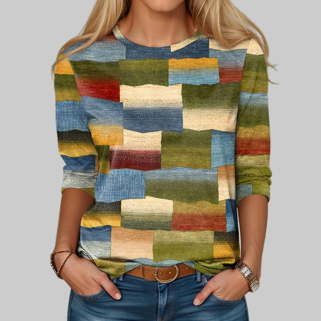 Bluză damă cu mâneci lungi și imprimeu patchwork