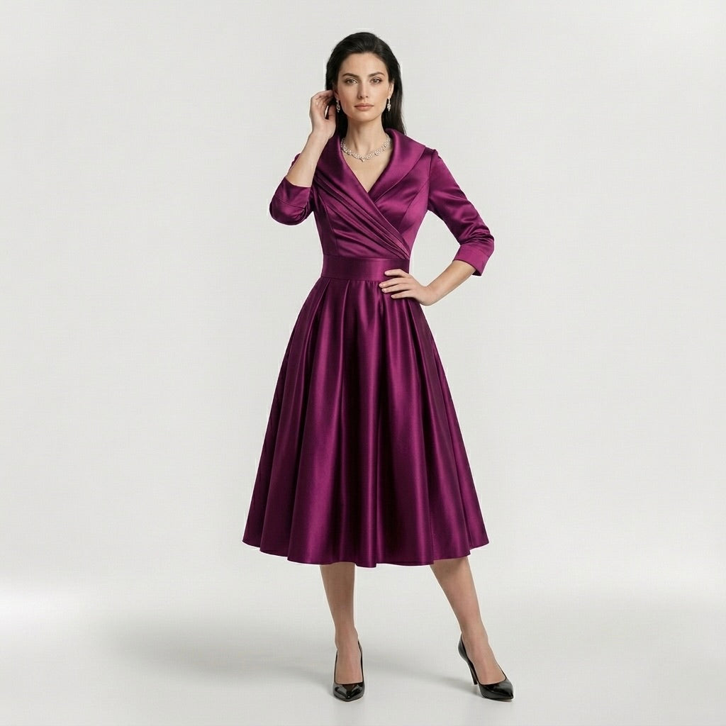 Robe midi élégante pour femme à manches longues – Robe classique évasée avec ceinture