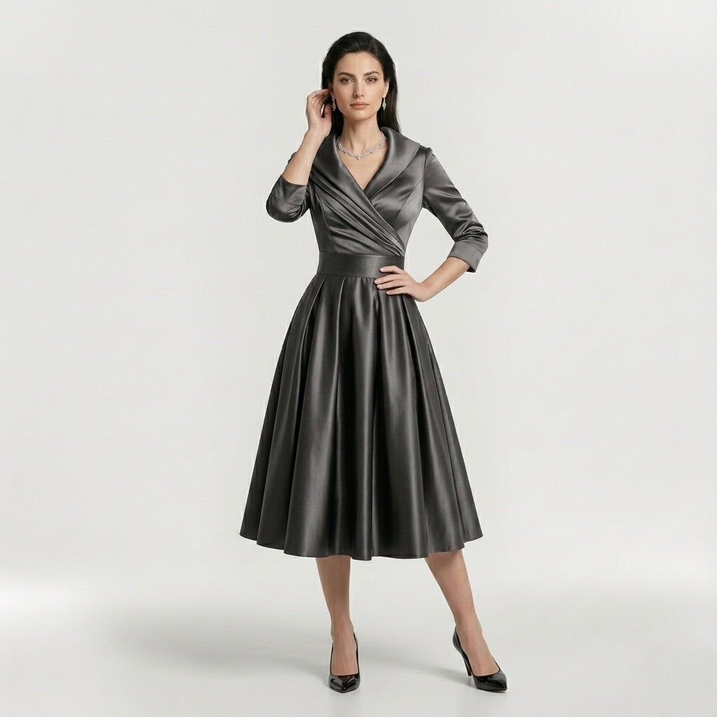 Robe midi élégante pour femme à manches longues – Robe classique évasée avec ceinture