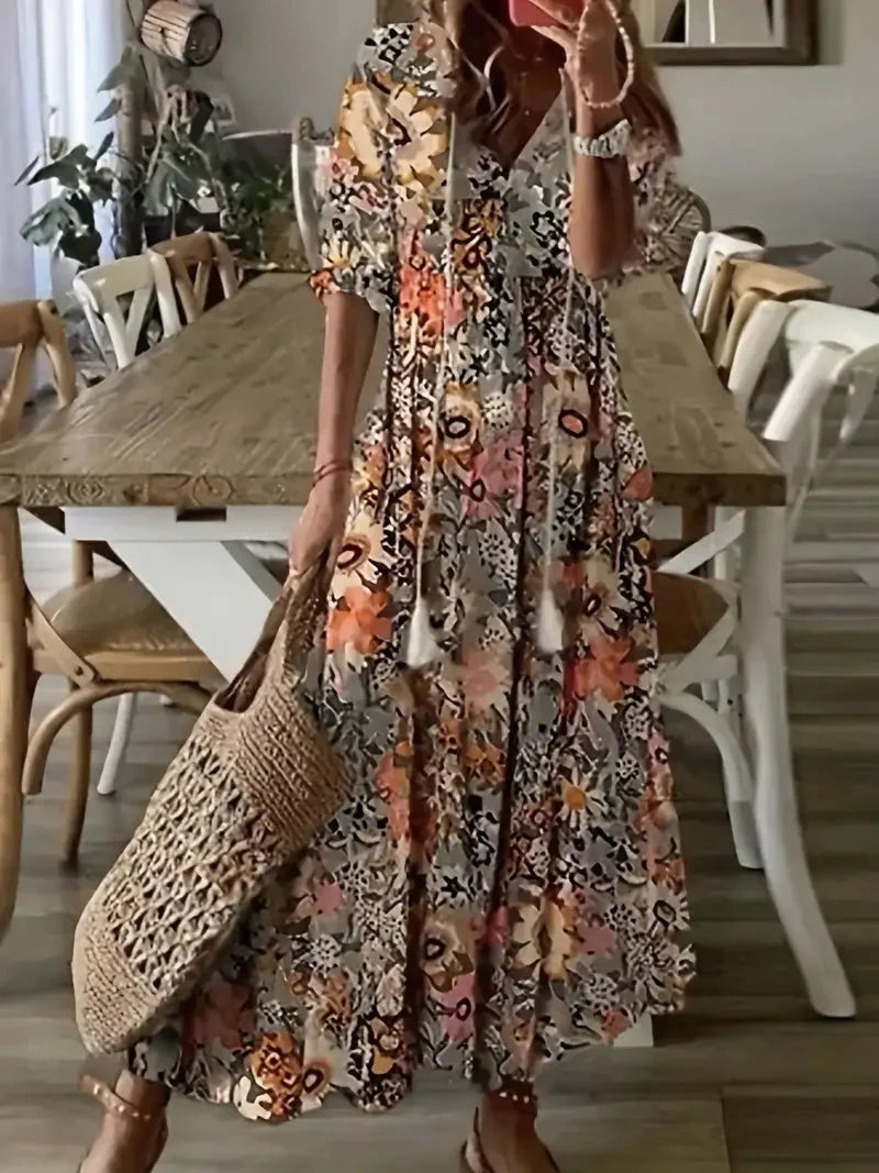 Women's Boho Charm Dress – Elegant Summer Dress with Ruffles, V-Neck, and Ikat Pattern