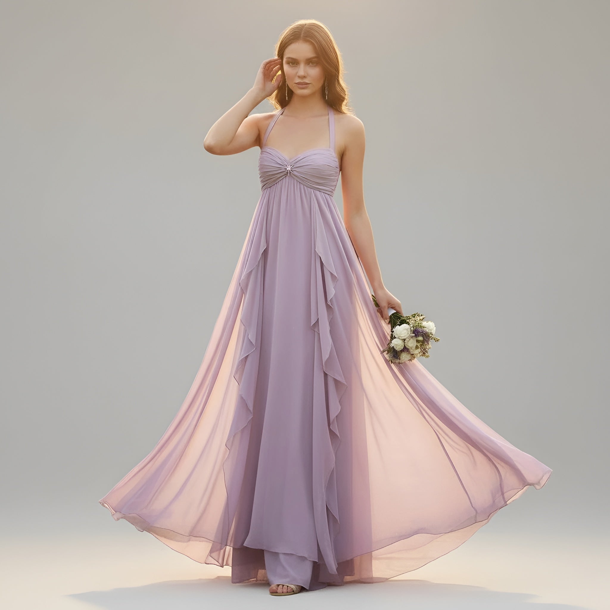 Elegancka długa sukienka damska z ramiączkami halter i zwiewną spódnicą na wieczorne uroczystości