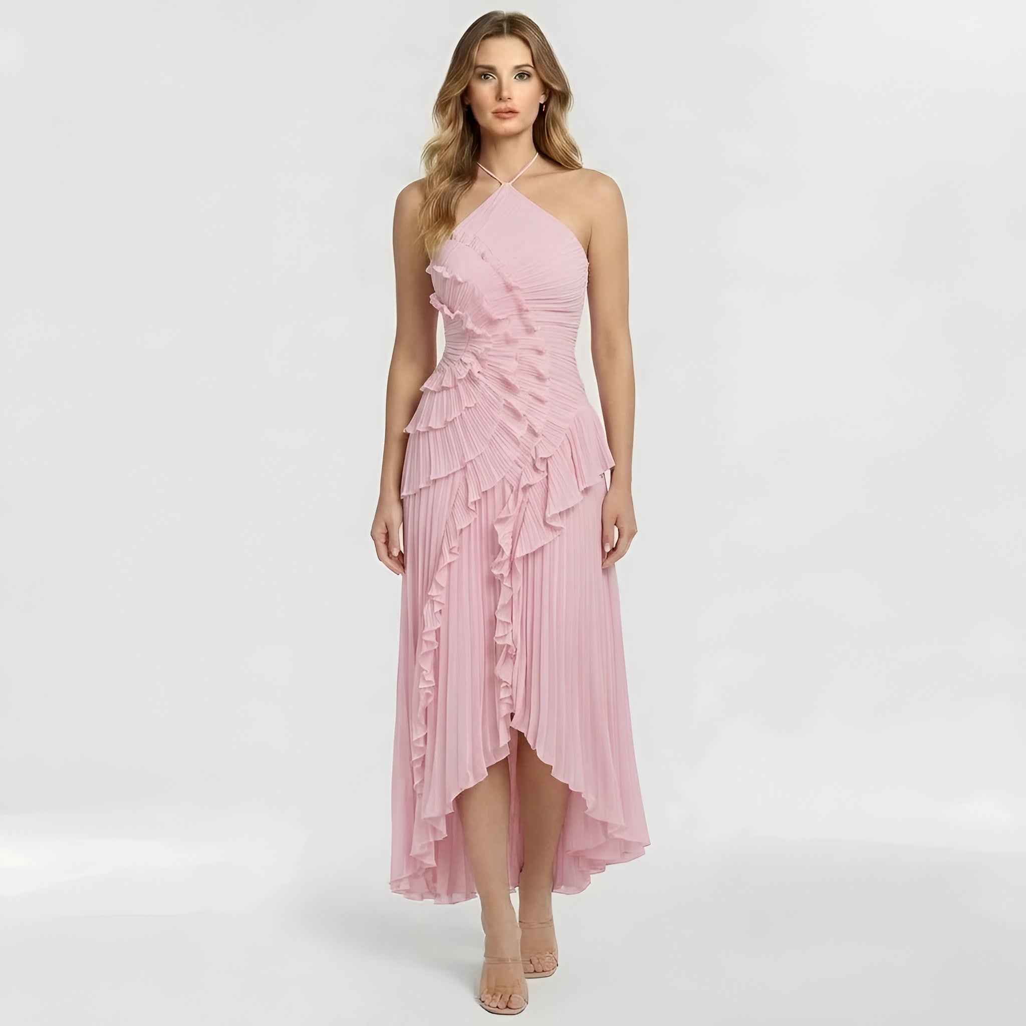 Abito lungo donna elegante con volant e plissé vestito da cerimonia con spacco