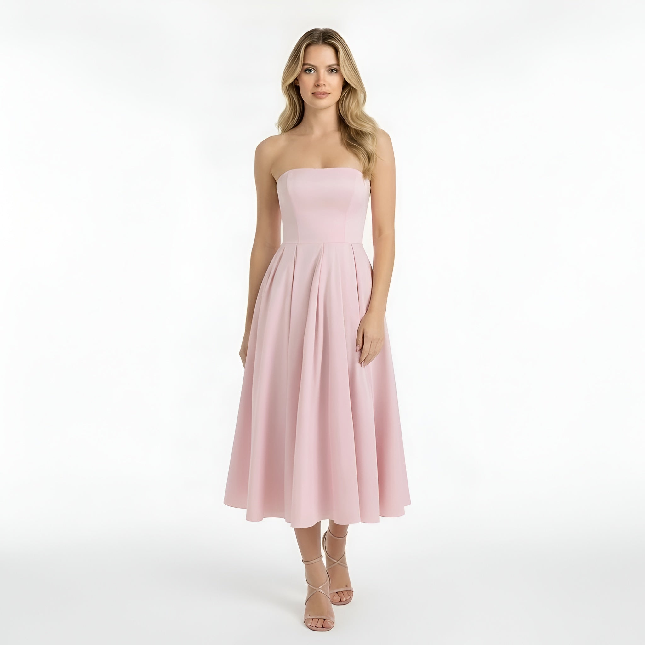 Vestido midi de mujer sin tirantes con falda amplia, vestido elegante para ceremonia