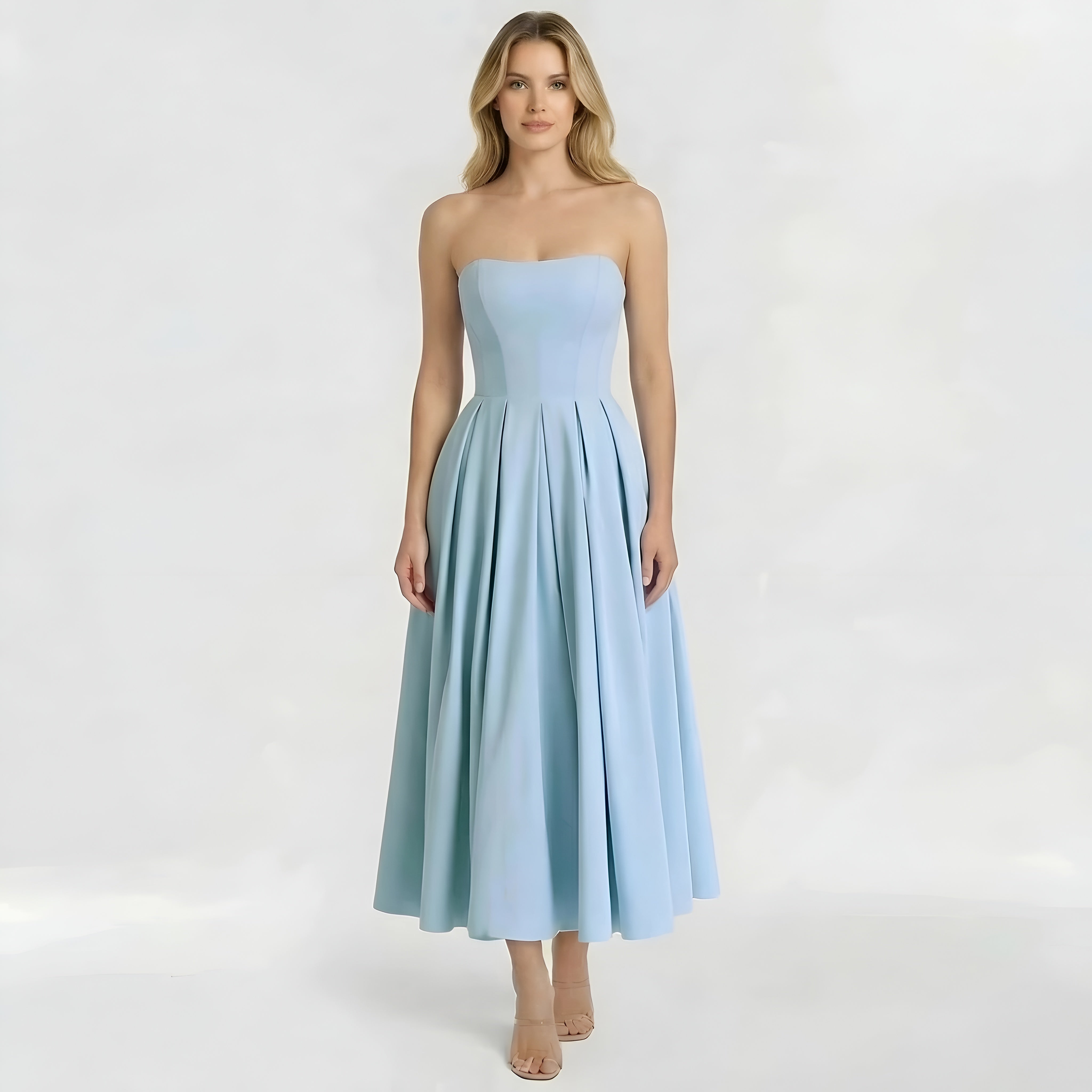 Vestido midi de mujer sin tirantes con falda amplia, vestido elegante para ceremonia