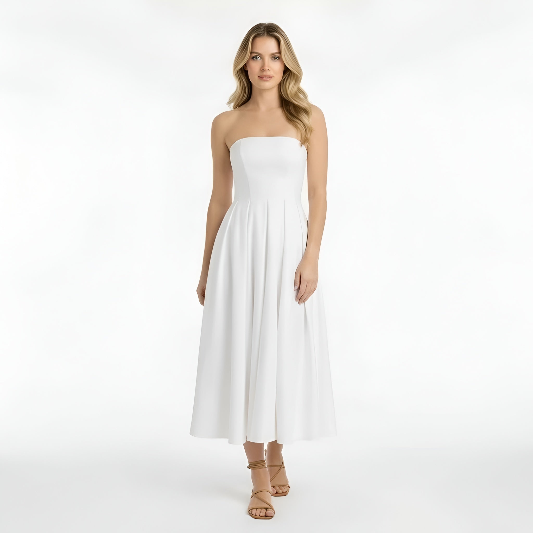 Vestido midi de mujer sin tirantes con falda amplia, vestido elegante para ceremonia