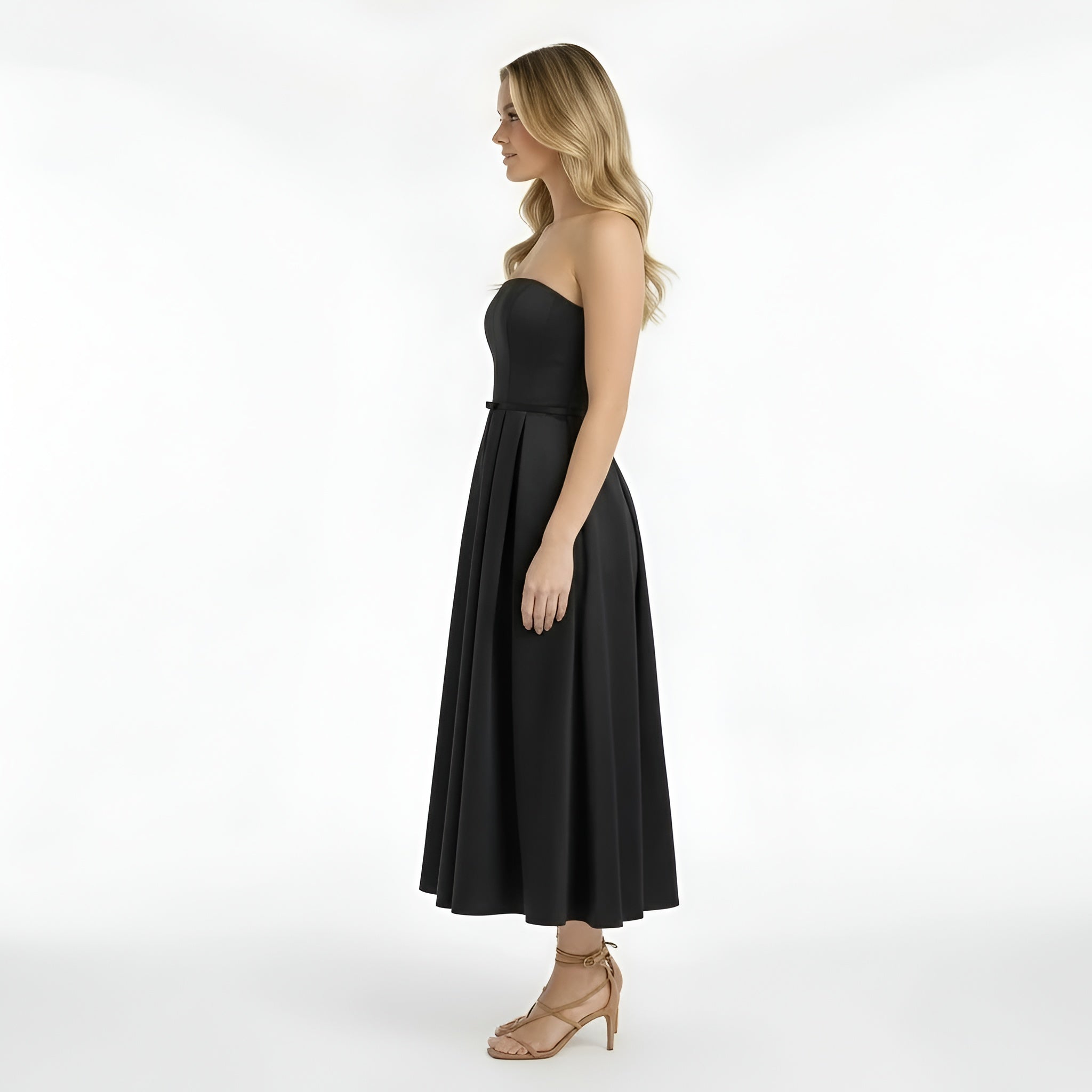 Abito midi donna senza spalline con gonna ampia vestito elegante da cerimonia