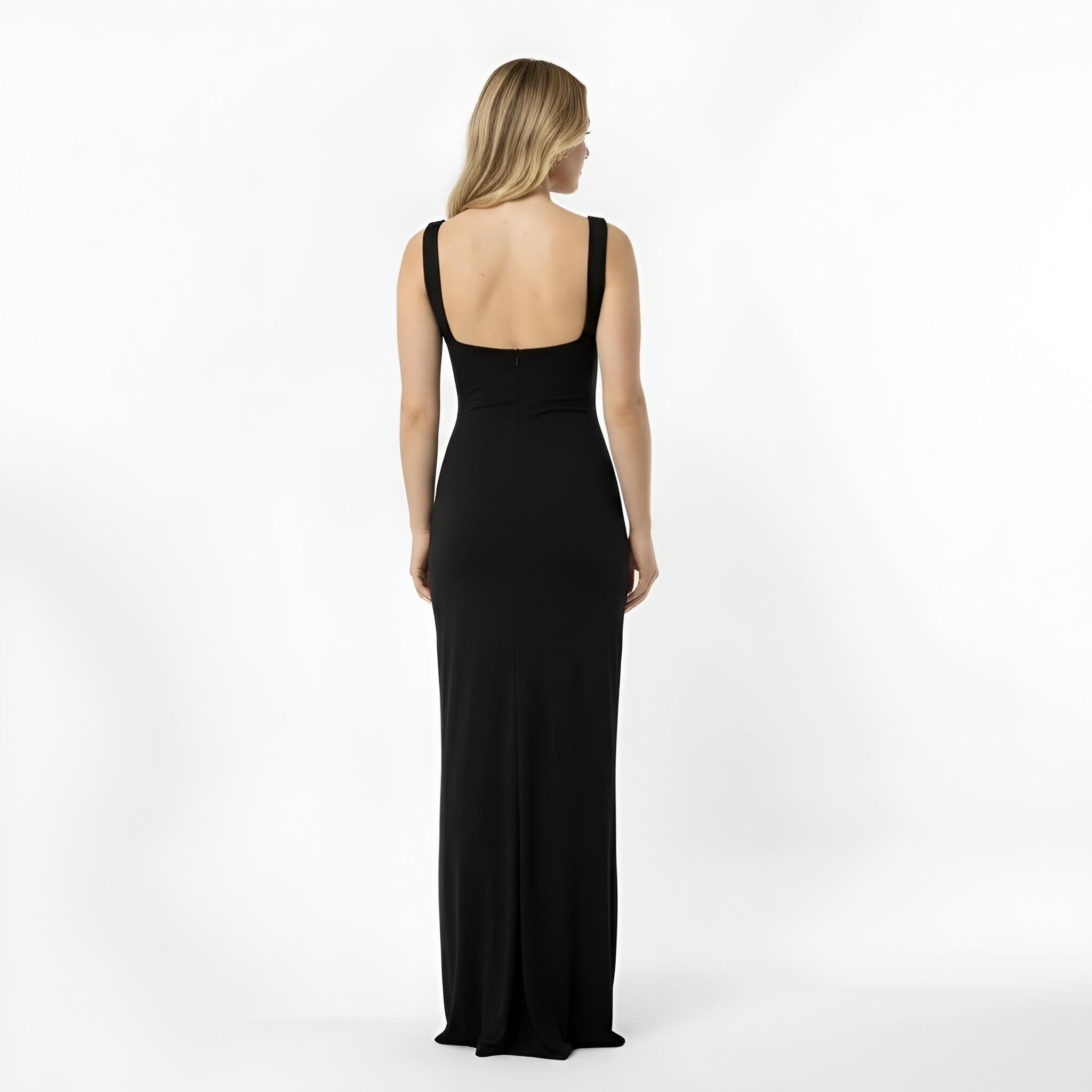 Lang tætsiddende elegant kjole til kvinder, aftenkjole med firkantet halsudskæring, slim fit