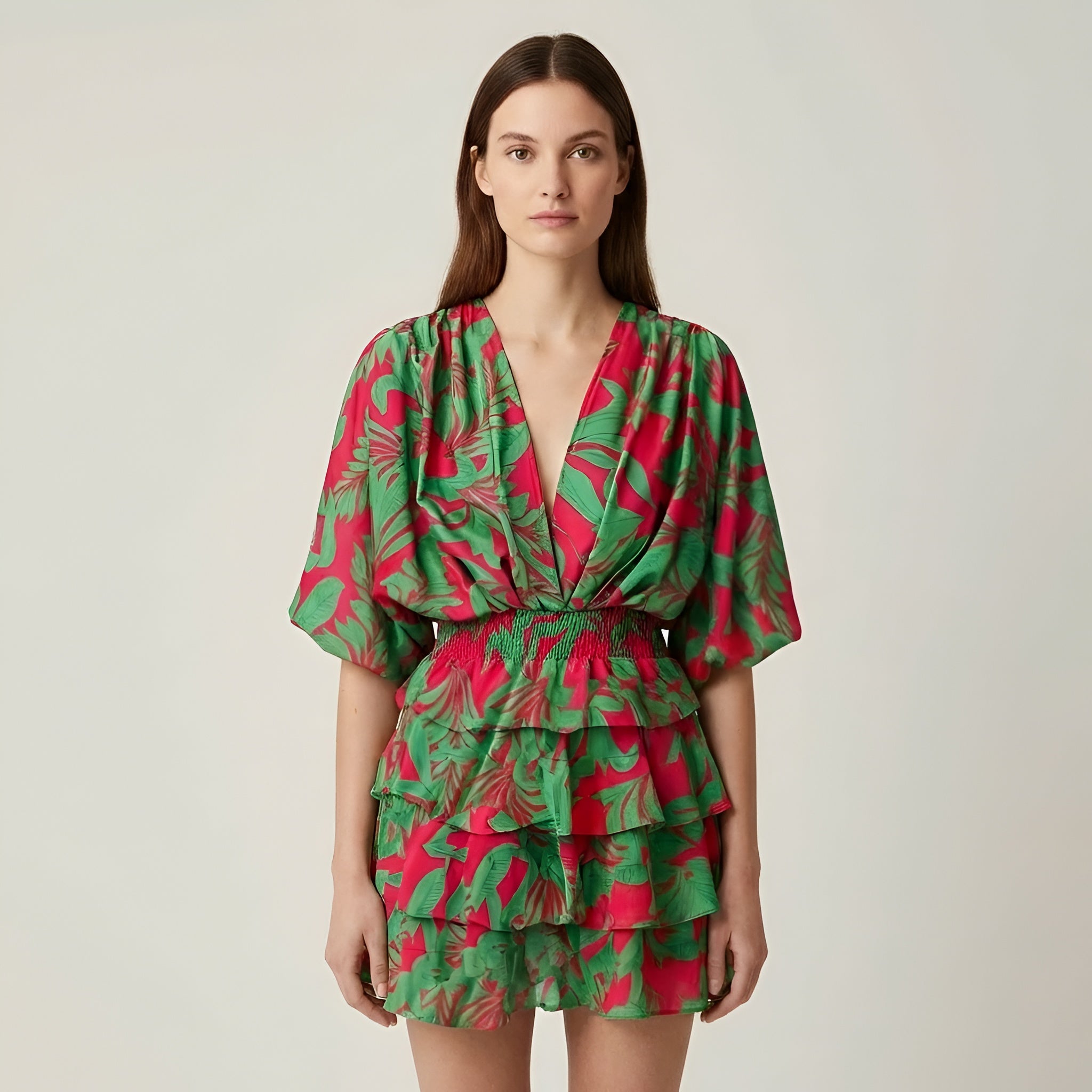 Vestido corto de mujer con volantes, estampado floral, manga amplia, escote en V, vestido casual de verano