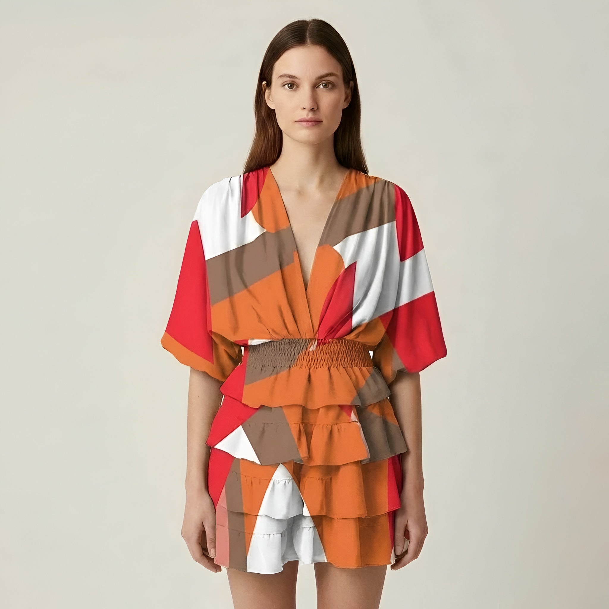 Vestido corto de mujer con volantes, estampado floral, manga amplia, escote en V, vestido casual de verano