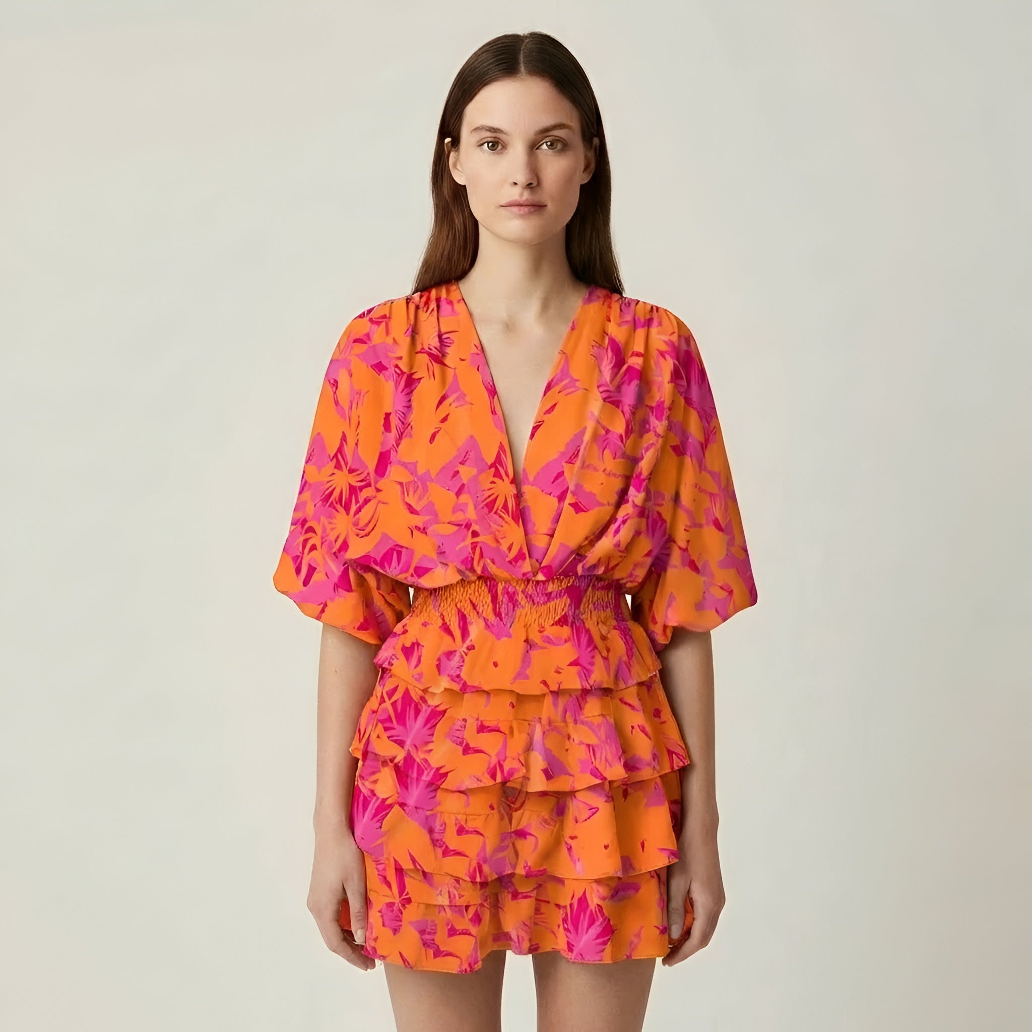 Vestido corto de mujer con volantes, estampado floral, manga amplia, escote en V, vestido casual de verano