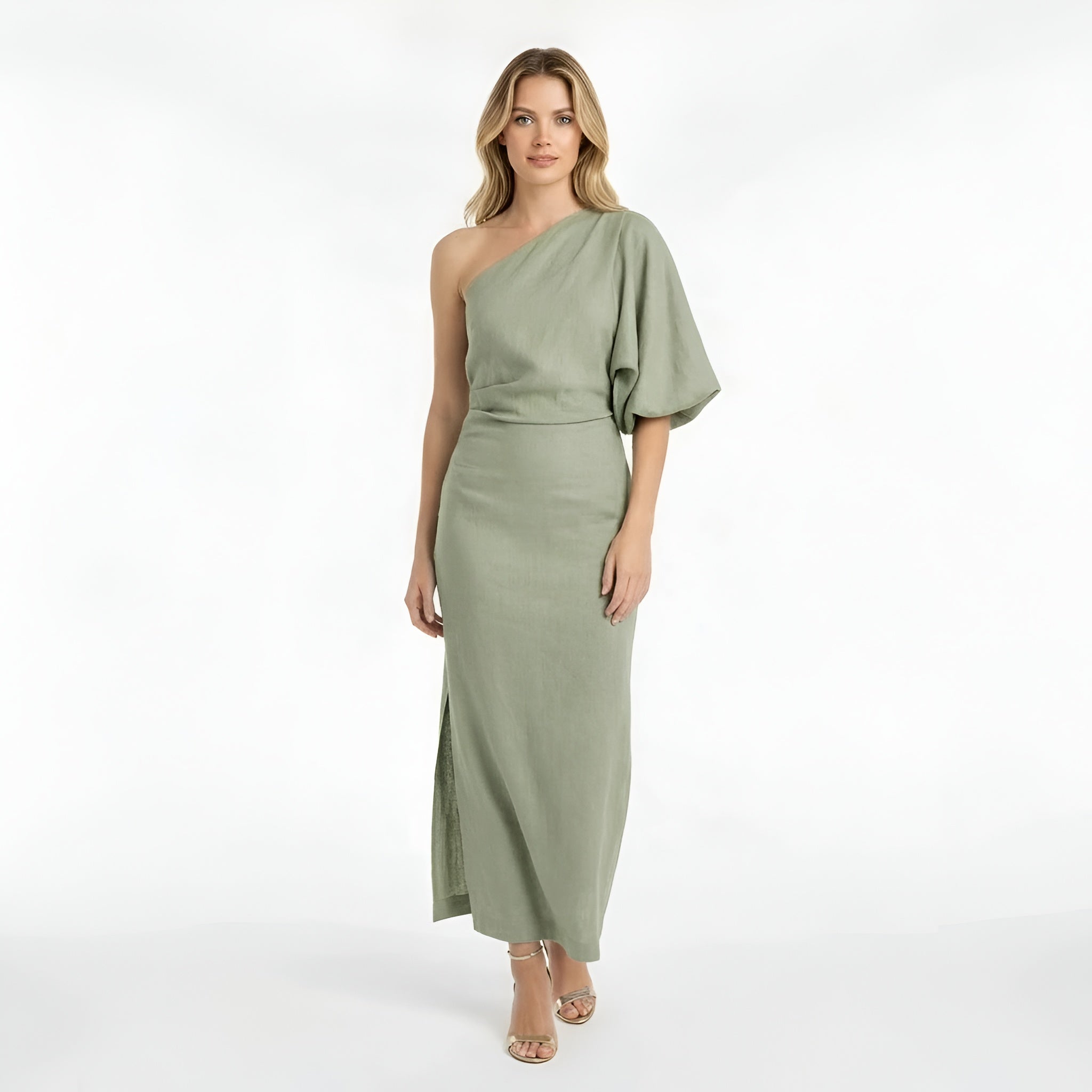 Vestito lungo donna elegante monospalla abito sera con spacco aderente slim fit